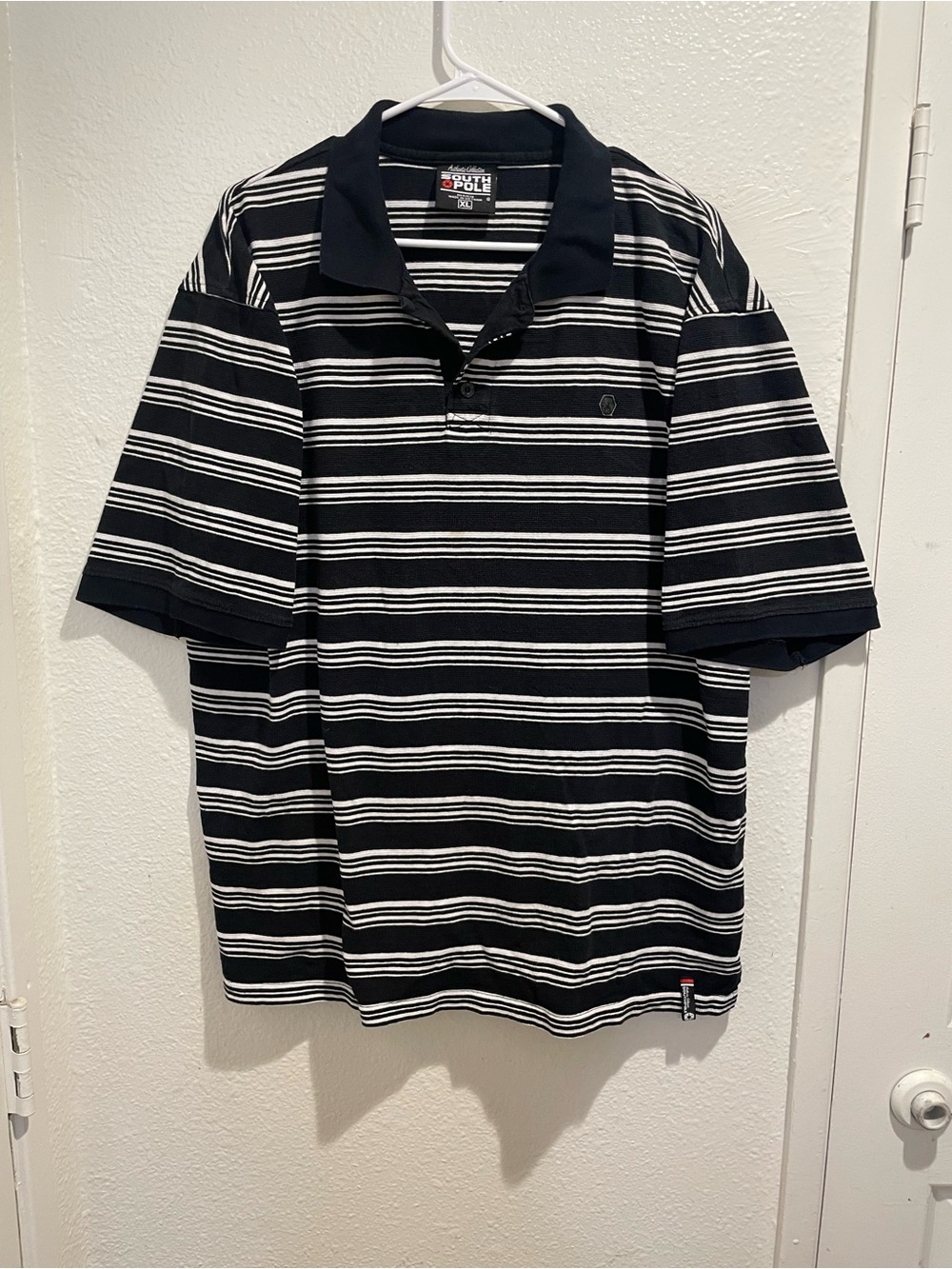 Southpole Mens XL Vintage Y2K Black & White Striped Hip Hop Streetwear Polo